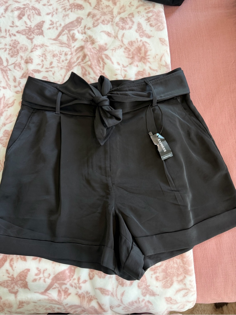 Express Black High-Waist Paperbag Tie Shorts